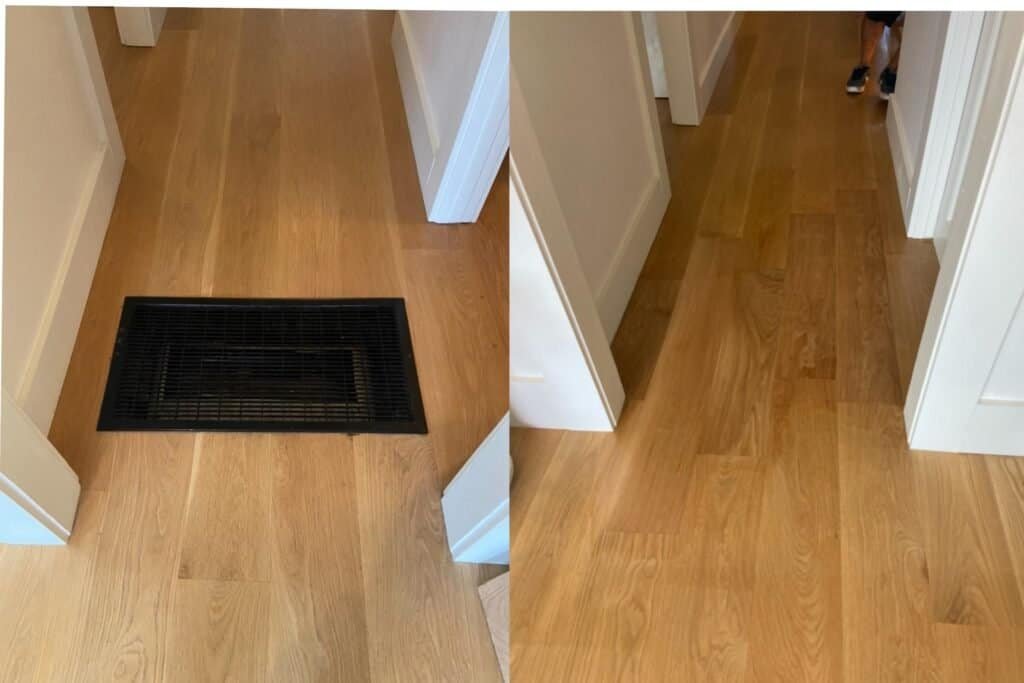 Sanded and refinished hardwood flooring in a residential interior.